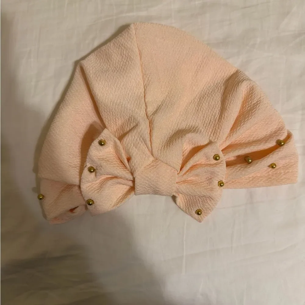 Plush Bow Turban Hair Towel in Light Peach with Gold Studs